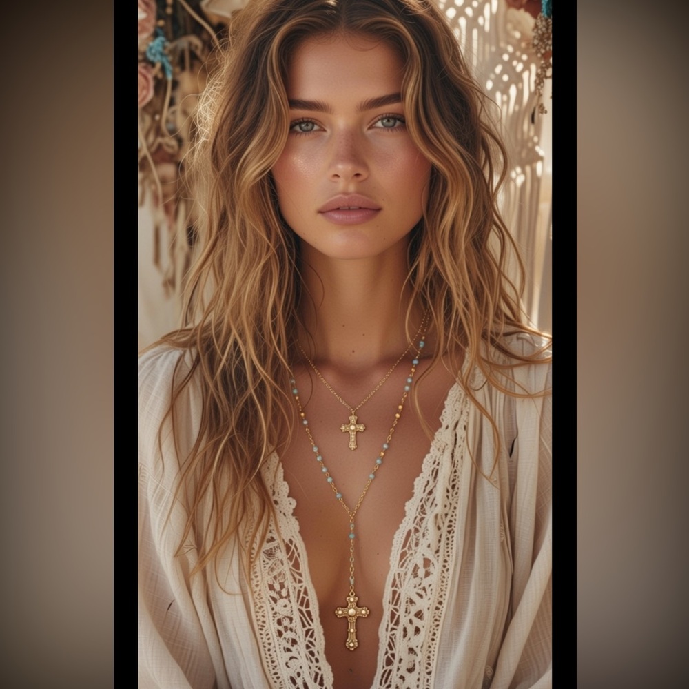 Free People Choker Cross Necklace layered stone blue western boho chain drop